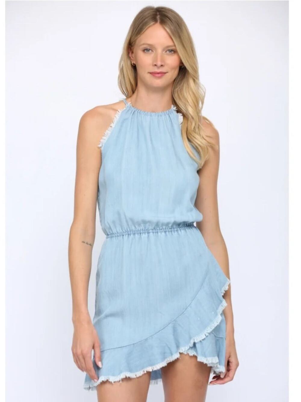 Fate Tencel Fray Hem Sleeveless Tank Dress Blue Sz M